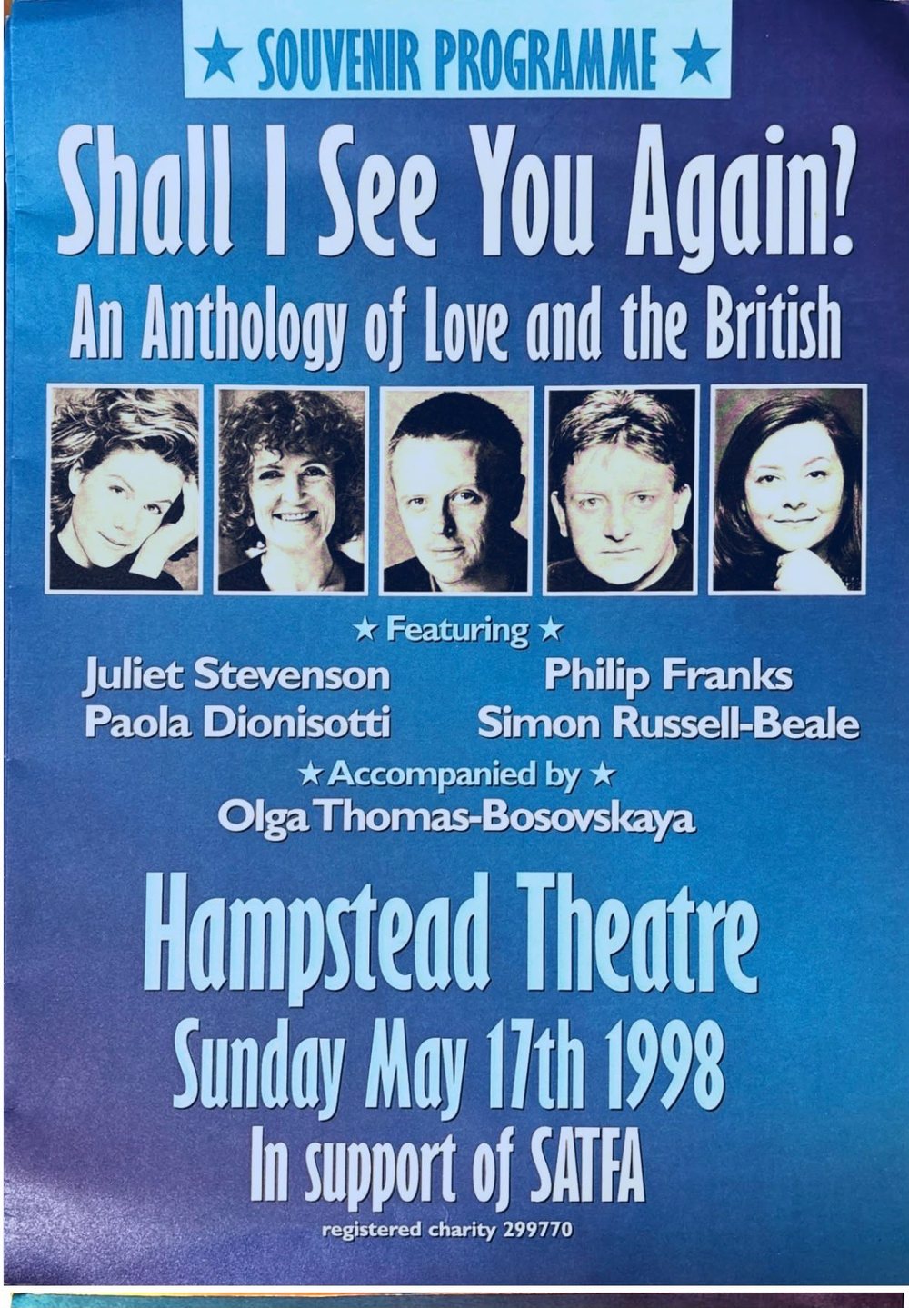 Souvenir programme, Hampstead Theatre, 1998, in support of SATFA